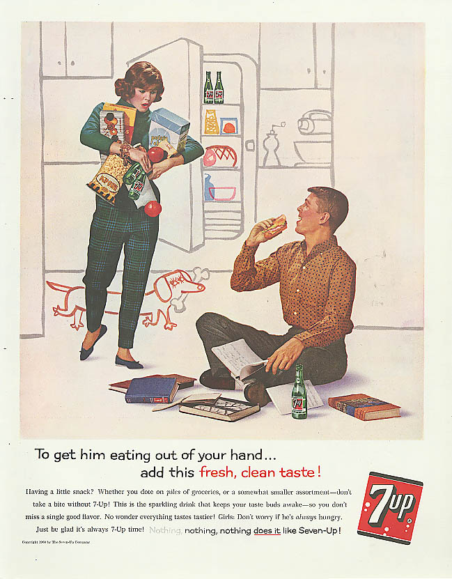 Image for Eating out of your hand 1960 7up ad snacks hotdog