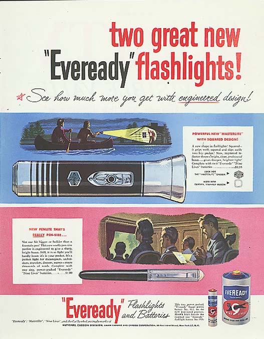 Image for 2 new Eveready Flashlights Masterlite & Penlite ad 1950