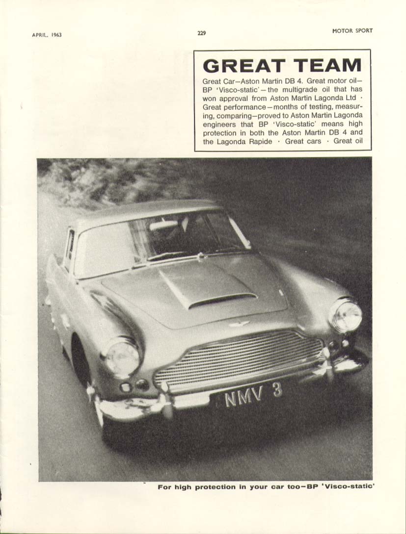 Image for Great Team Great Car Aston Martin DB 4 ad 1963