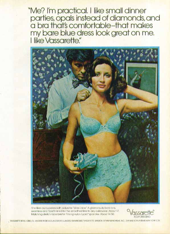 Me? I'm practical. Vassarette Lilies Lace bra & stretch-lace panty ad 1974