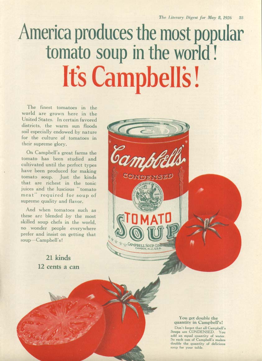 Image for America Produces Popular Campbell's Tomato Soup ad 1926