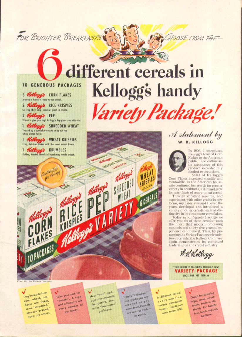 Image for 6 different cereals Kellogg's Variety Package ad 1941
