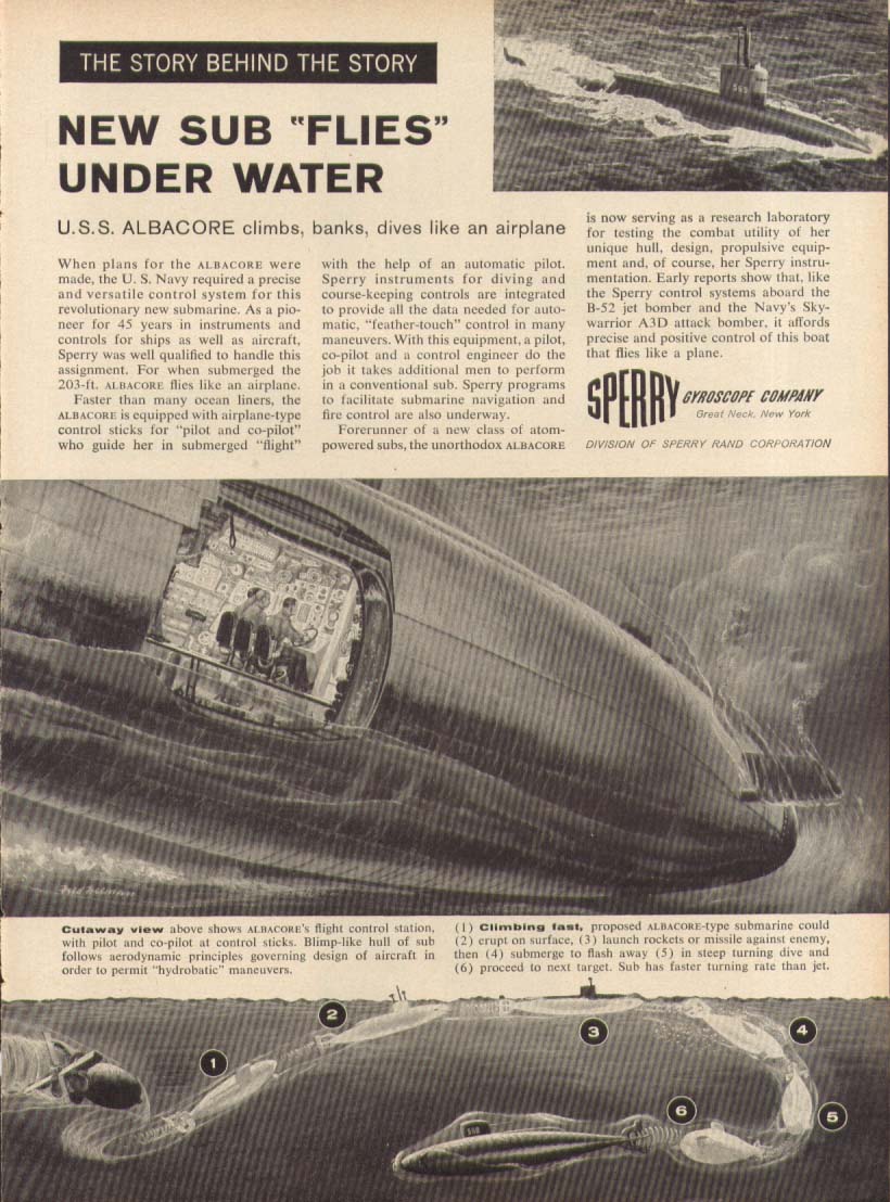 Image for AGS-569 Sub Albacore Flies Under Water Sperry ad 1957