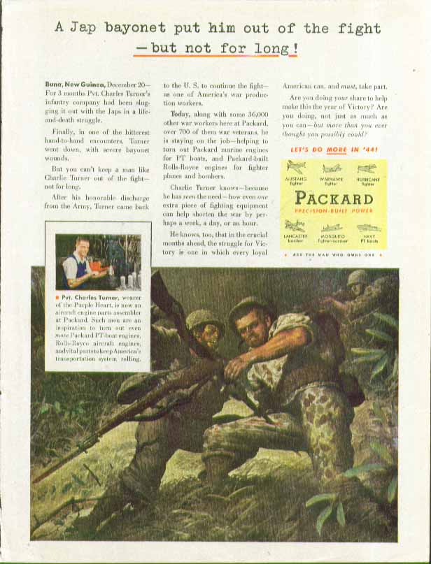Image for A Japanese bayonet put him out of the fight but not for long! Packard ad 1944
