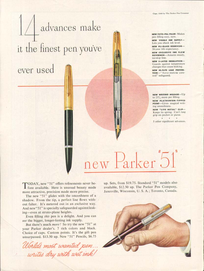 Image for 14 advances make it the finest pen Parker 51 ad 1949