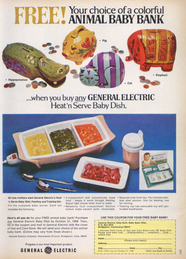 General Electric Animal Baby Bank OFFER Ad 1968
