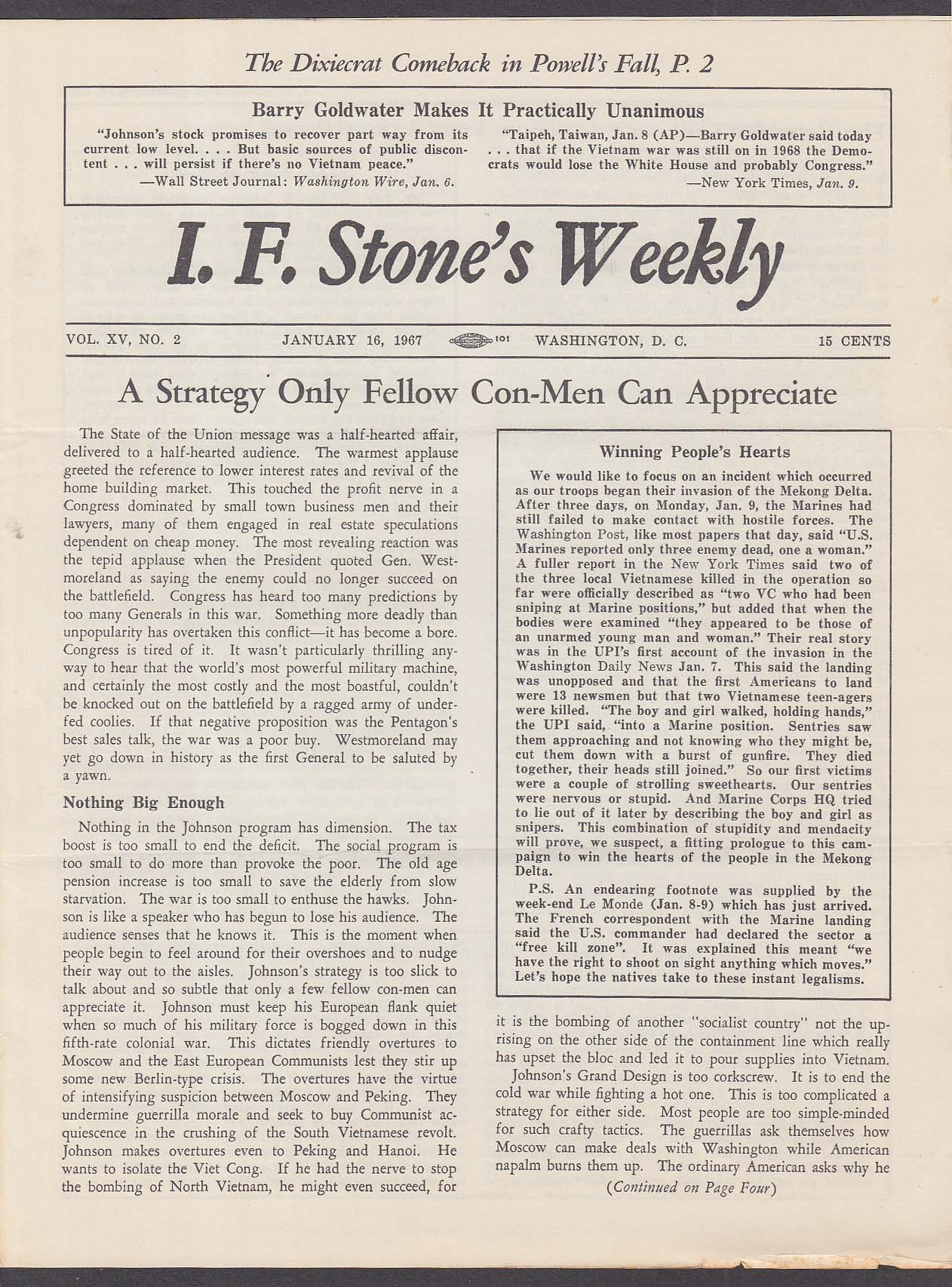 Hectare bijwoord Ontvangst I F STONE'S WEEKLY Vol XV #2 Barry Goldwater LBJ Vietnam + 1/16 1967