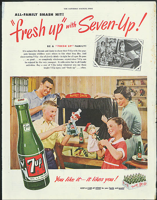 Image for All-Family Smash Hit! Fresh up with Seven-Up! Ad 1951 kids puppet show