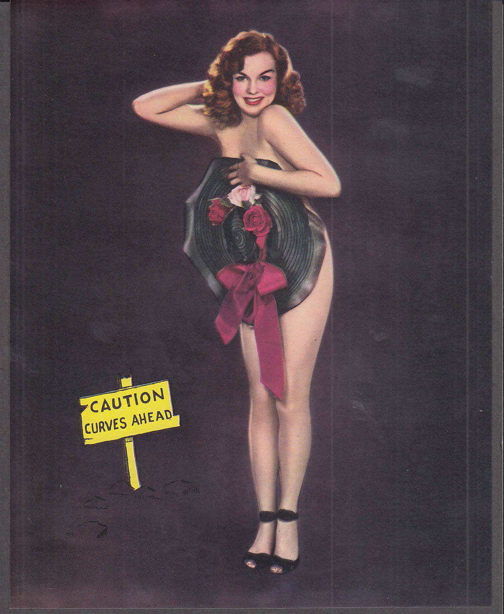 1023px x 1247px - Pin-up calendar sample sheet 1940s Caution Curves Ahead big hat hides nude
