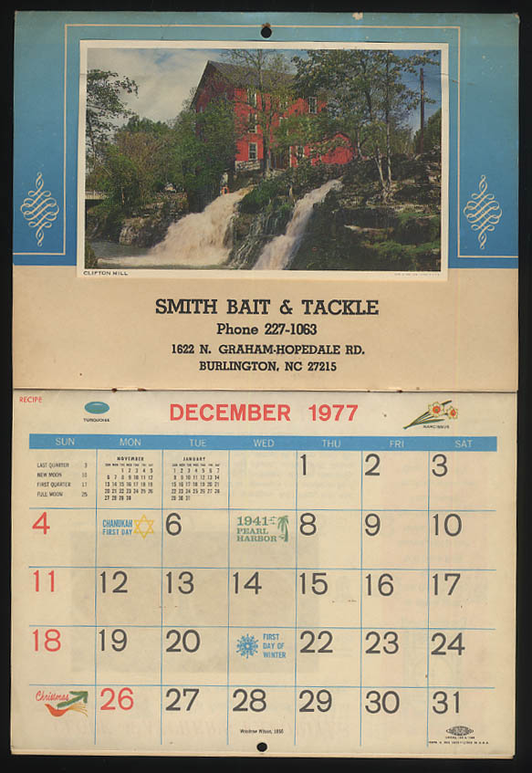Smith Bait & Tackle Burlington NC advertising calendar 1978