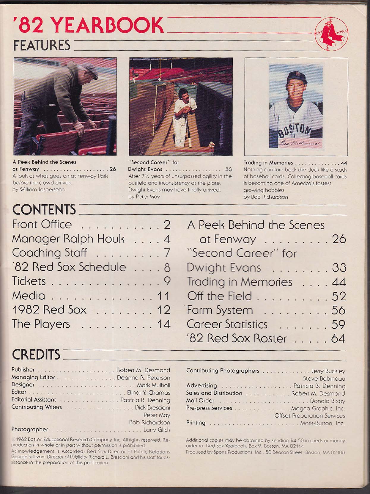 1982 Boston Red Sox Yearbook Fenway Park Dwight Evans