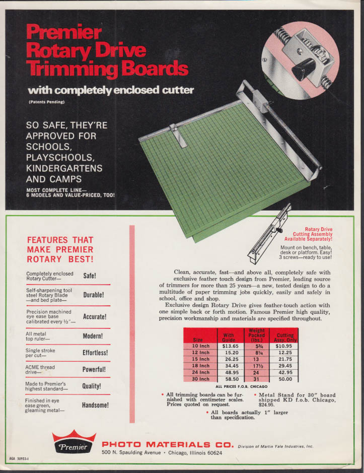 Photo Materials Premier Trimmer Paper Cutter Board sell sheet 1960s