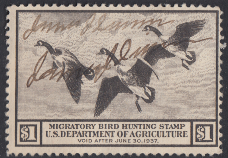 Image for $1 Migratory Bird Hunting Stamp 1937 Canada Geese w/ writing on it