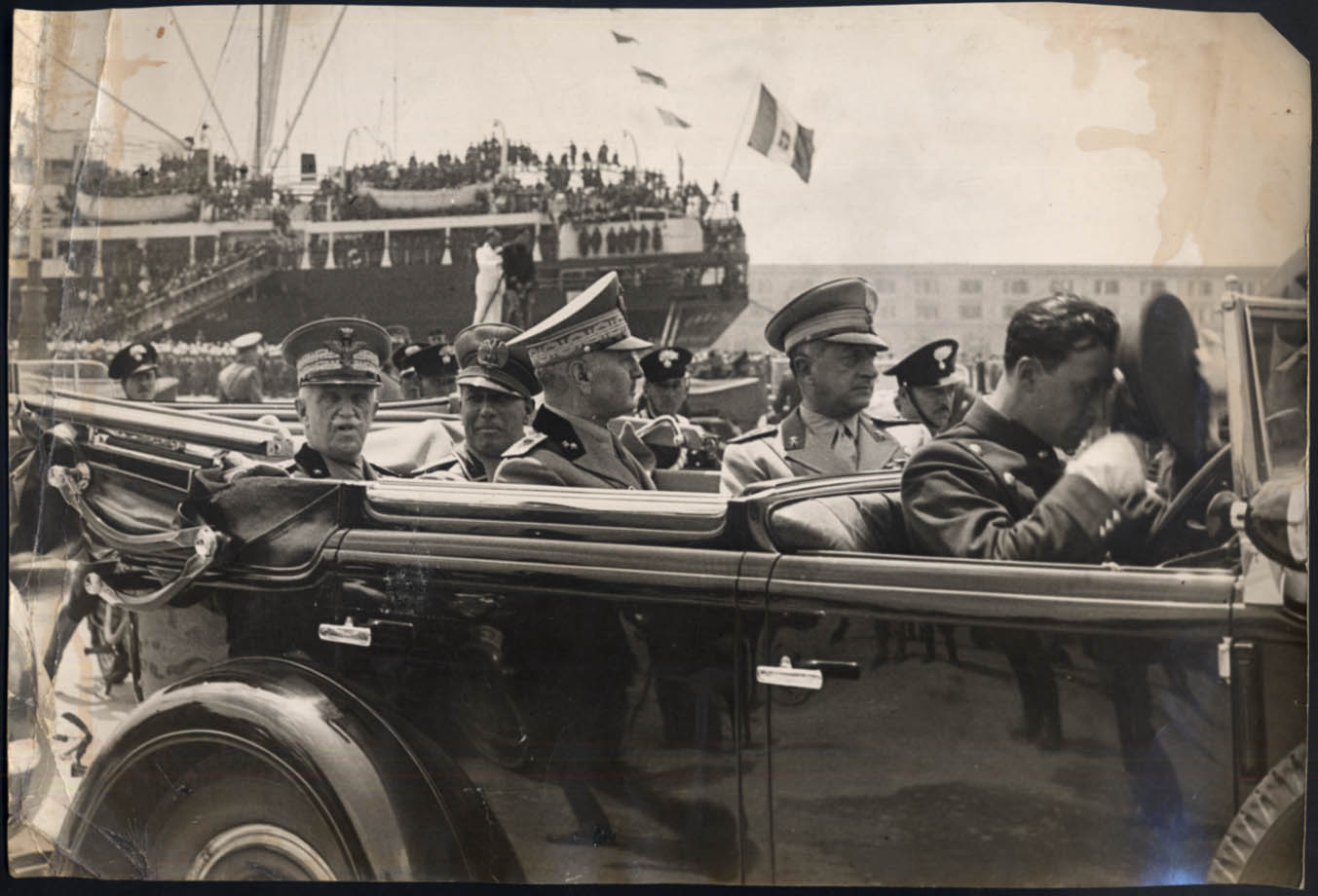 Image for Mussolini & Italian Army Officers in touring car dockside photo c 1936