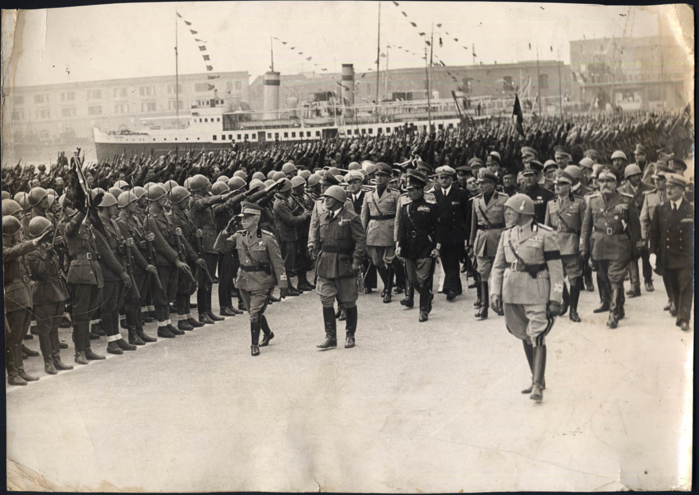 Image for Mussolini & Italian & other Axis Officers review troops dockside photo c 1936