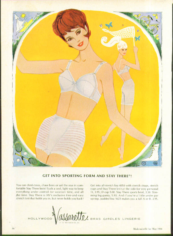 Get into sporting form and stay there! Hollywood Vassarette Bra & Girdle ad  1964