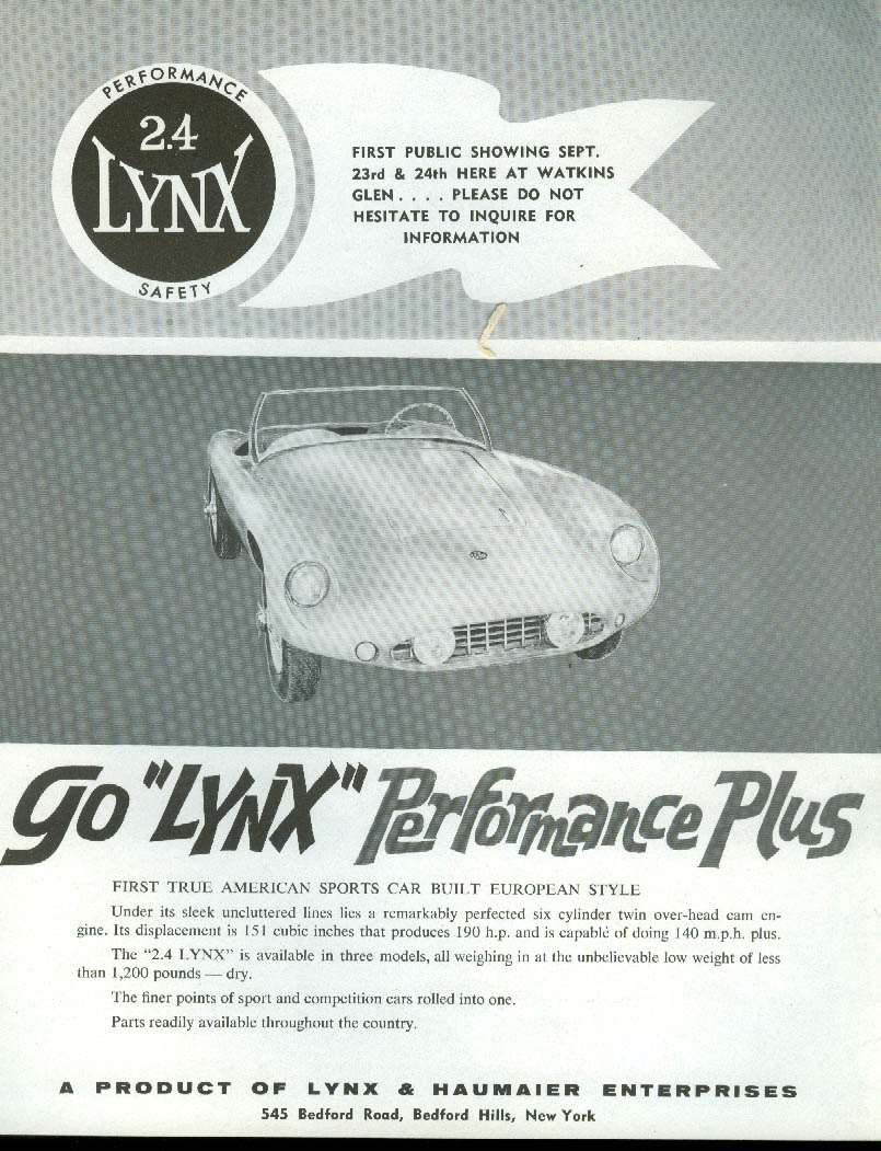 Image for 1st Public Showing Watkins Glen Lynx 2.4 Performance Plus Sports Car ad 1961
