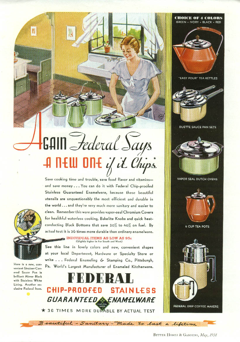 Image for A new one if it chips Federal Stainless Enamelware ad 1934