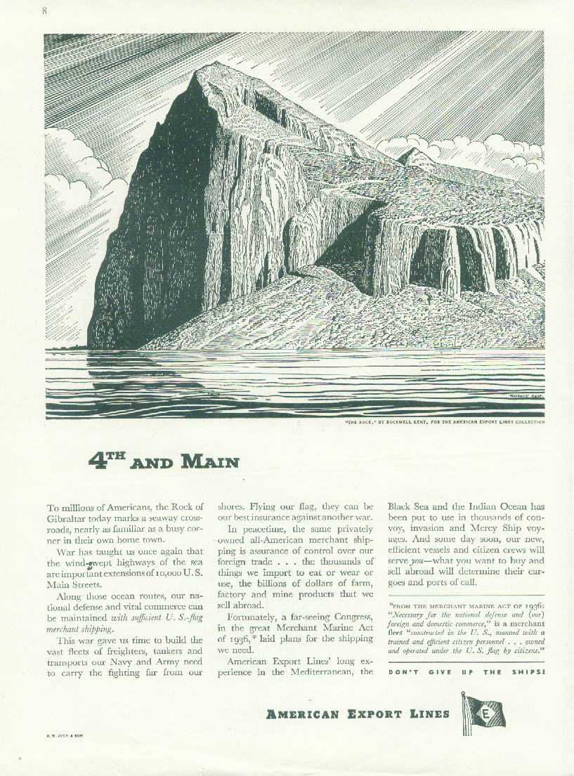 Image for 4th & Main American Export Lines ad 1945 Rockwell Kent Rock of Gibraltar