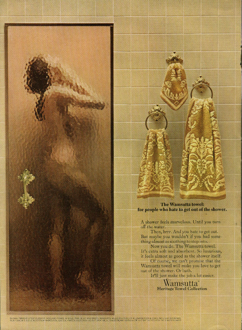 For people who hate to get out of the shower Wamsutta Towels ad 1968 nude