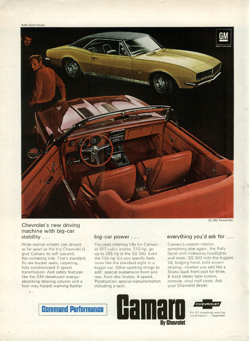 Image for Big-car stability & power Chevrolet Camaro SS 350 Convertible ad 1967 NY