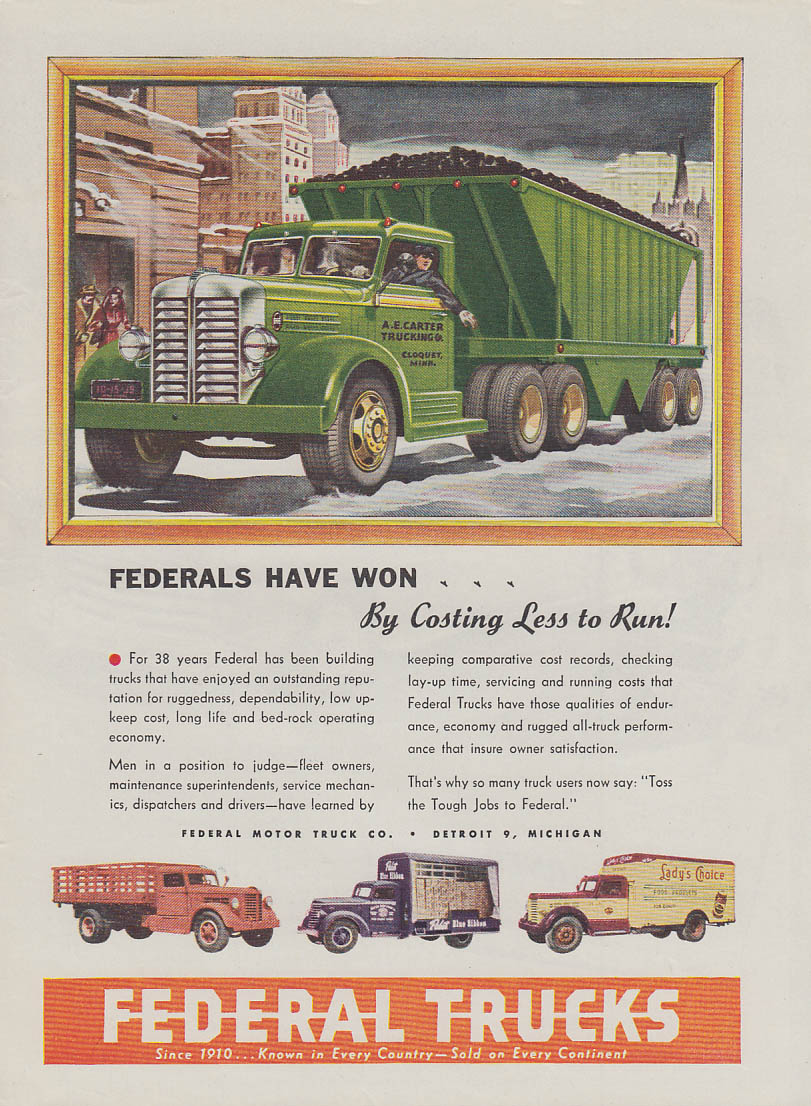 Image for A E Carter Trucking Cloquet MN for Federal Trucks ad 1948 Pabst Beer