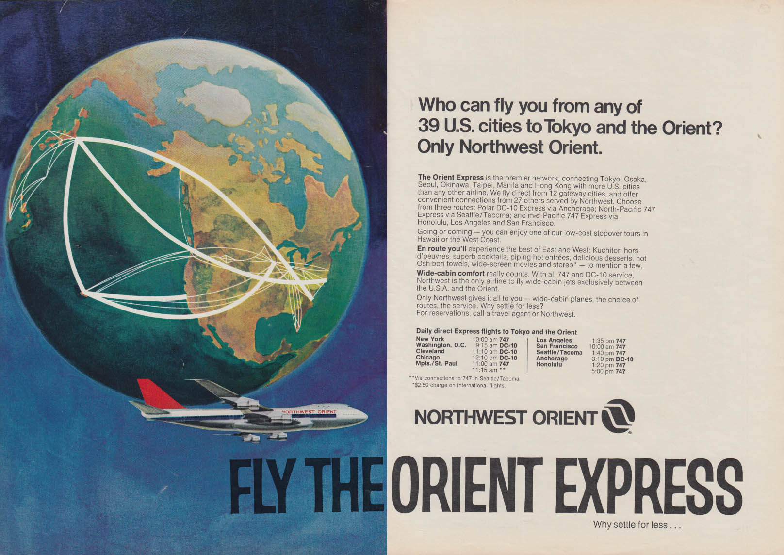 NORTHWEST ORIENT AIRLINES ORIENT EXPRESS 747 & GLOBE TOKYO FROM 39 US CITIES AD 