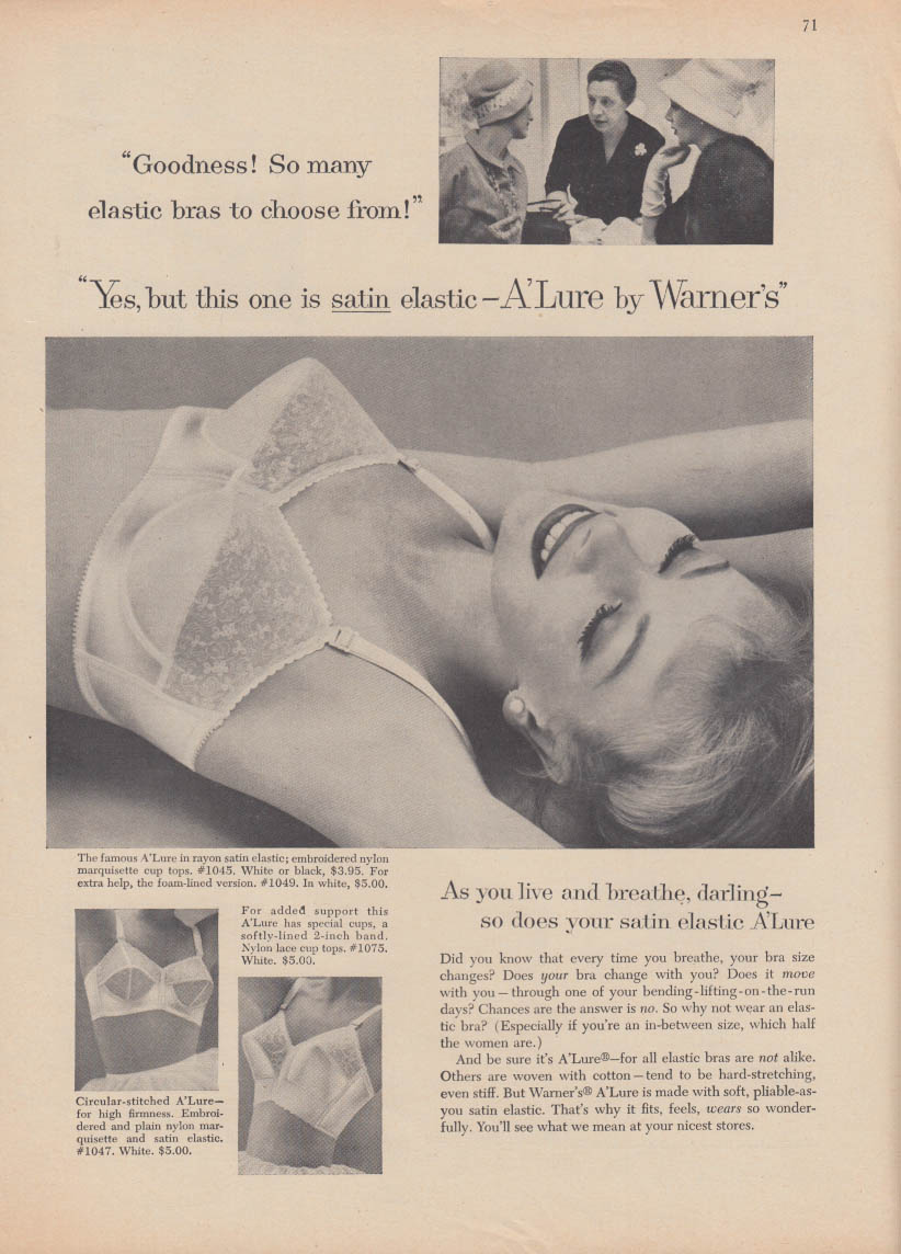 So many to choose from! Satin elastic Warner's A'Lure bra ad 1958 Mlle