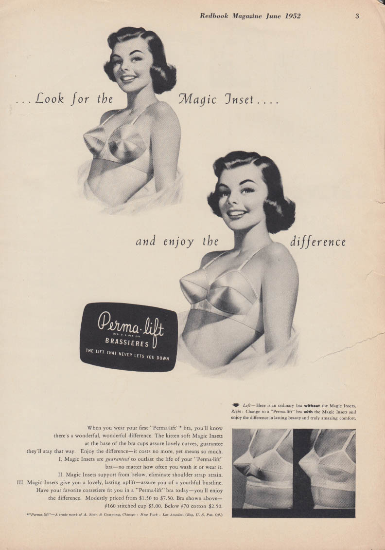 1952 women's Perma-lift brassiere bra look for magic inset vintage fashion  ad