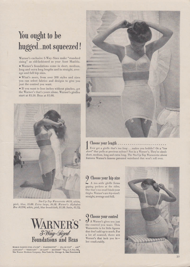 You ought to be hugged not squeezed! Warner's bra & girdle ad 1949 GH