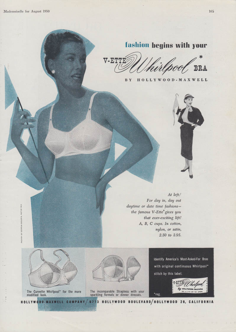 Fashion begins with your V-ette Whirlpool Bra by Hollywood-Maxwell ad 1950  Mlle