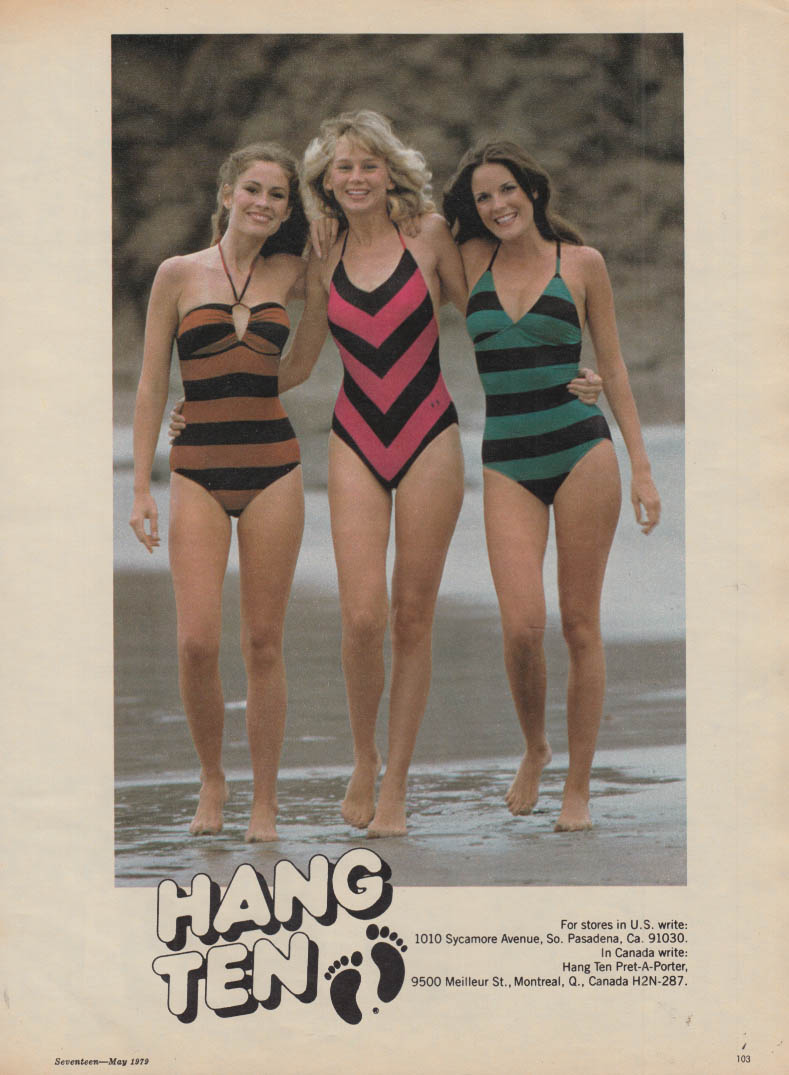 Image for Hang Ten swimsuit ad 1979 three girls in one-piece suits.
