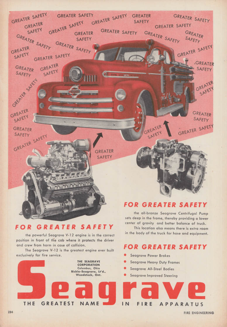 Image for For Greater Safety - Seagrave V-12 Pumper fire truck ad 1953