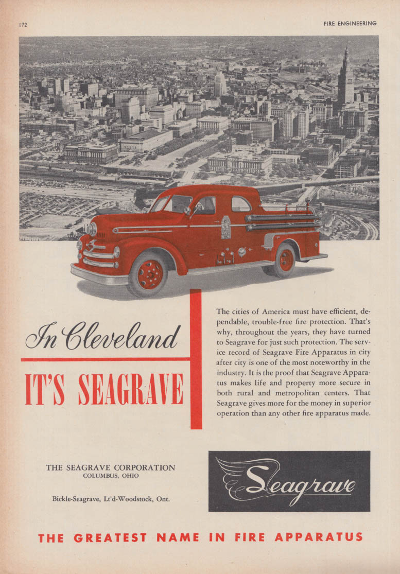 Image for In Cleveland it's Seagrave Pumper Fire Truck ad 1952