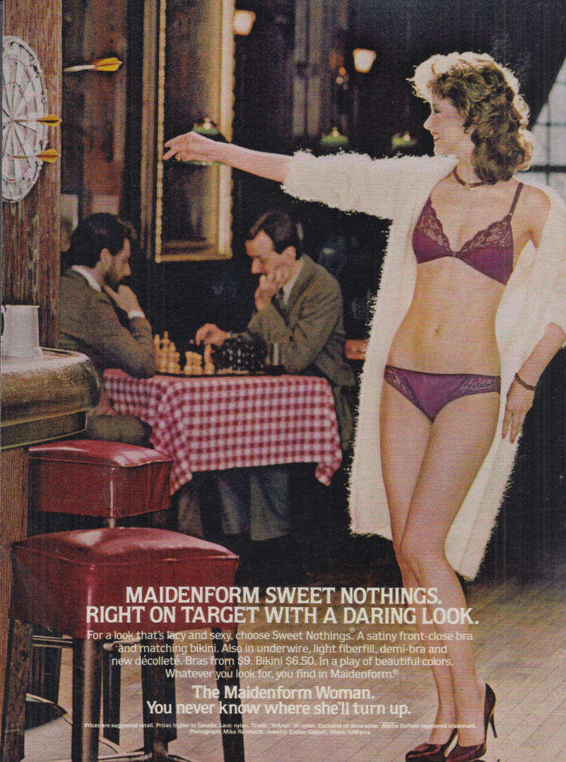 Maidenform Sweet Nothings Right On Target bra & panty ad 1983 darts & chess