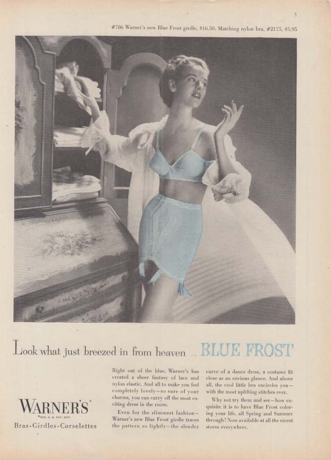 Look what just breezed in from heaven Warner's Blue Frost bra & girdle ad  1954 Y