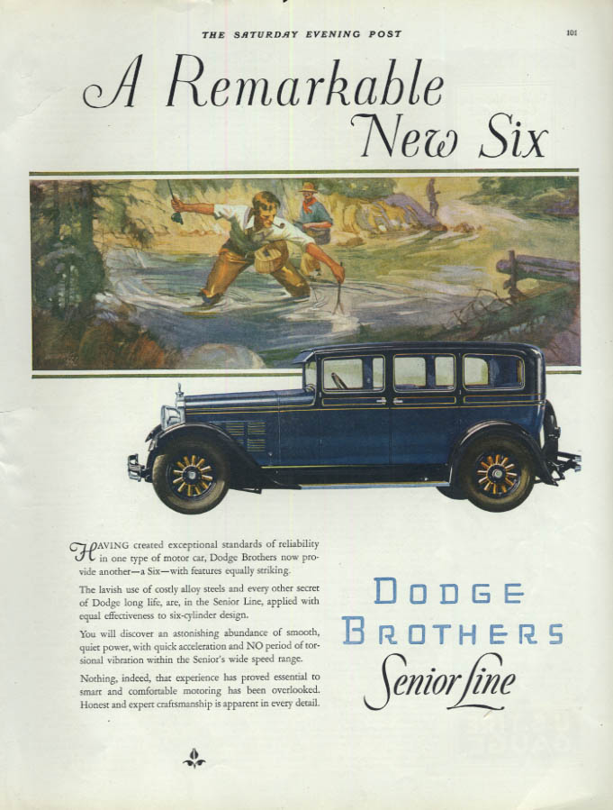Image for A Remarkable New Six: Dodge Senior Line Sedan ad 1927 SEP fly fishing