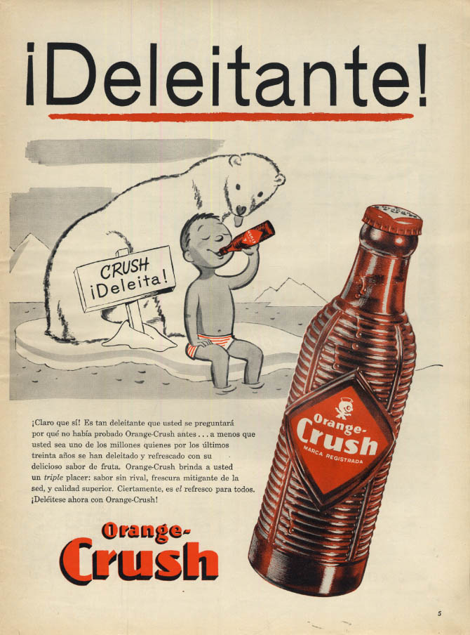 Image for Deleitante! Claro se que? Orange Crush ad in Spanish 1954 boy & polar bear