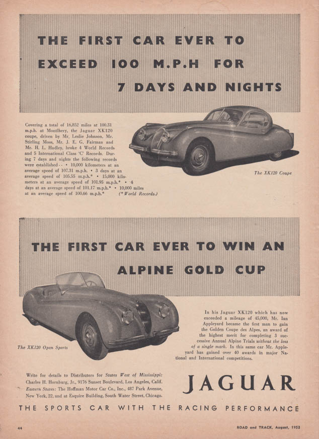 Image for 1st car to exceed 100 mph for 7 days & nights Jaguar XK-120 ad 1953