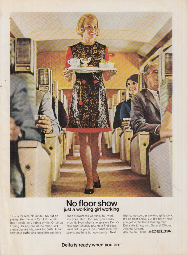 No floor show - just a working girl working Delta Air Lines Stewardess ad 1969