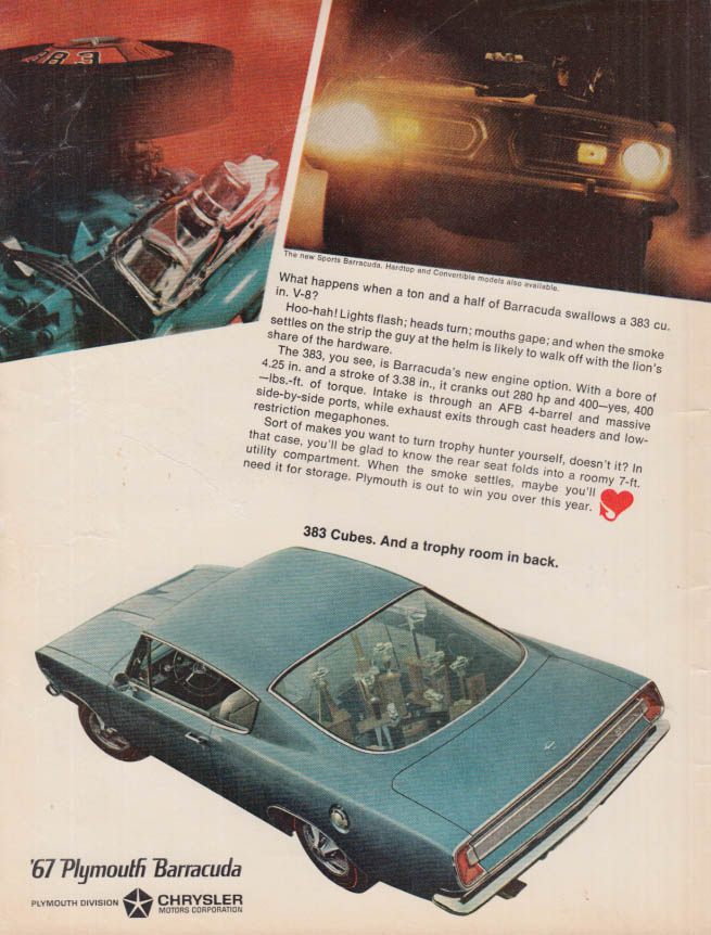 Image for 383 cubes and a trophy room in back Plymouth Barracuda ad 1967 CC