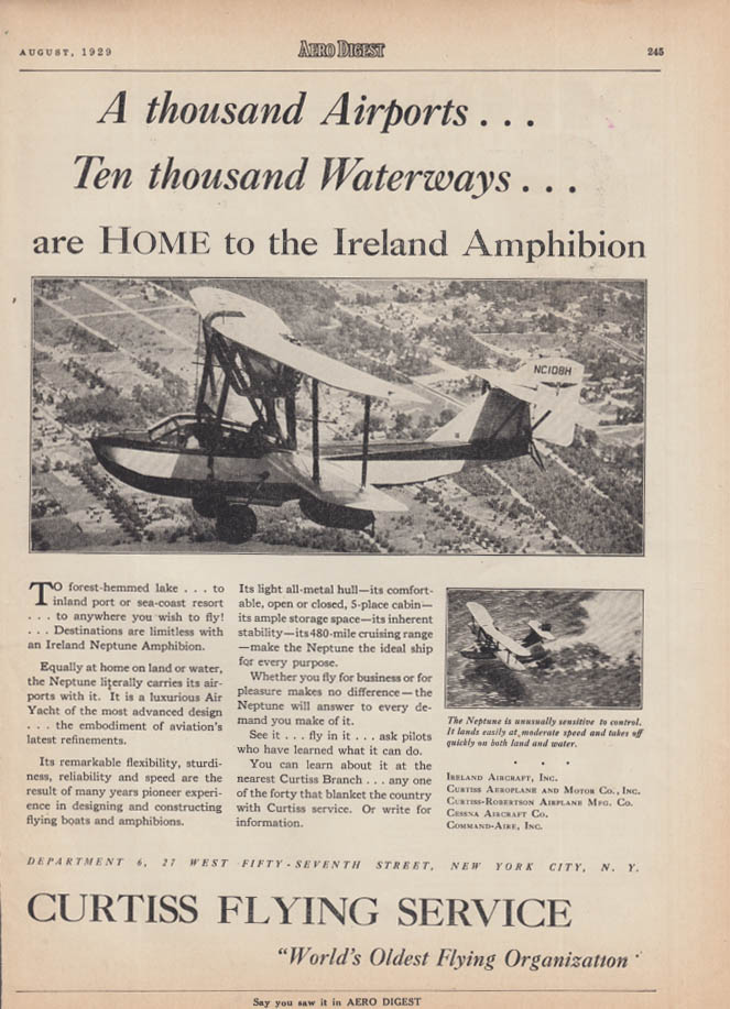 Image for 1000 airports 10,000 waterways Curtiss Flying Service Ireland Amphibion ad 1929