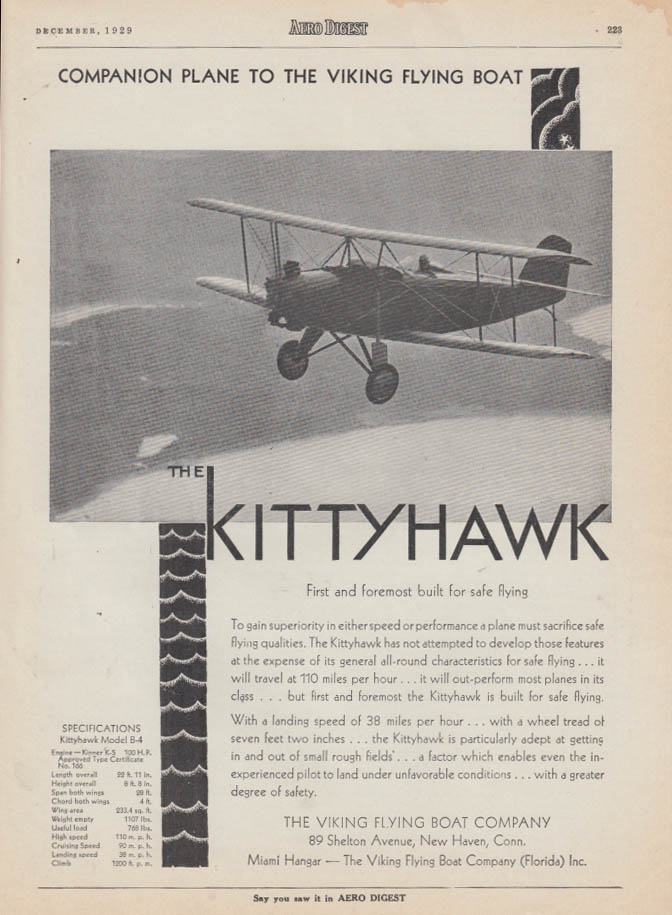 Image for 1st & foremost for safe flying Viking Flying Boat Kittyhawk Biplane ad 1929