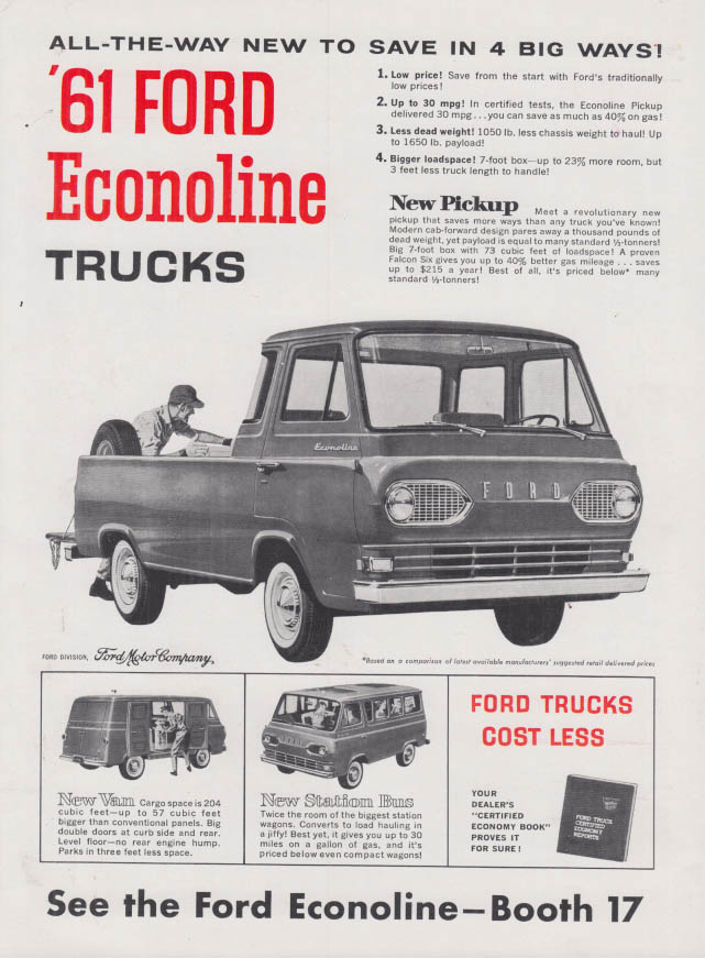 Image for All-the-Way New to Save 4 Big Ways! Ford Econoline Truck Van Station Bus ad 1961