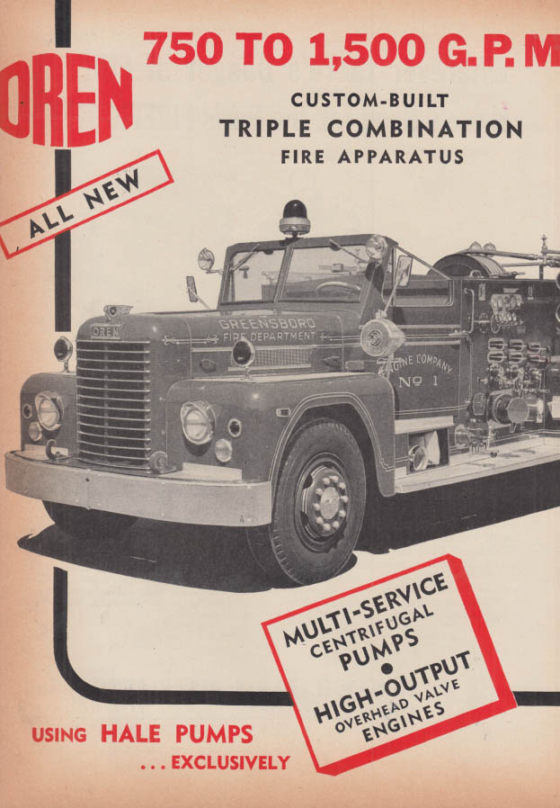 Image for 750 to 1500 GPM Oren Triple Combination Fire Pumper truck ad 1955