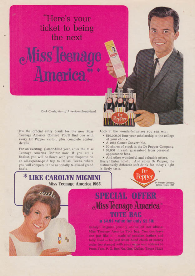 Image for 1965 Miss Teenage America Carolyn Mignini & Dick Clark for Dr Pepper ad 1965 Ce