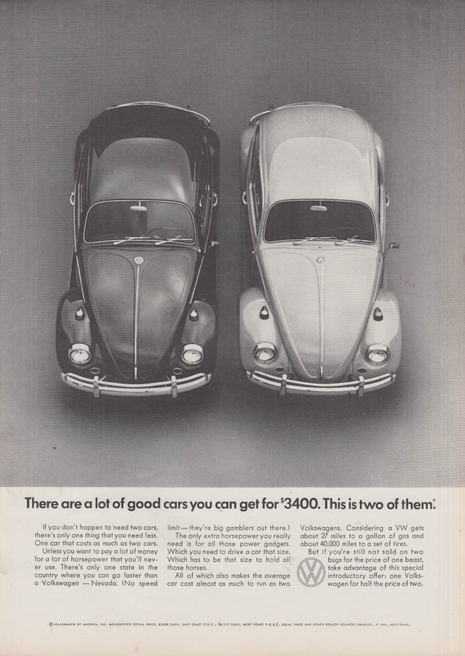 Image for A lot of good cars for $3400 - Here are two - Volkswagen ad 1967 NY