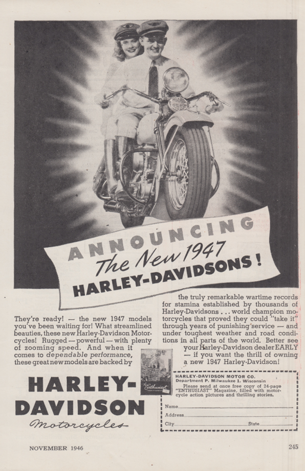 Image for Announcing the new 1947 Harley-Davidson Motorcycles ad 1947
