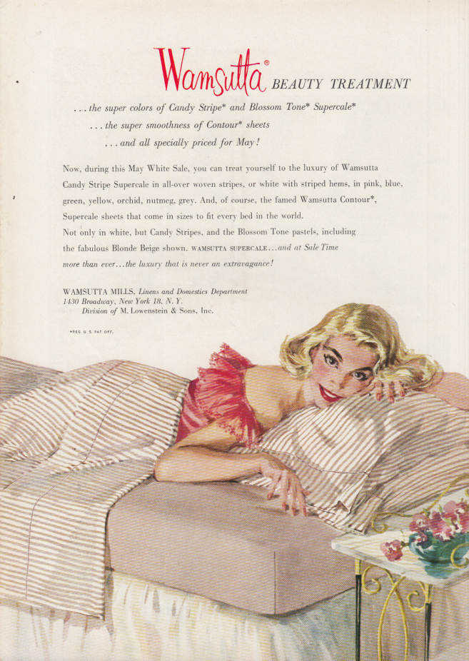 Image for Candy Stripe & Blossom Tone Wamsutta sheets ad 1956 NY blonde bottom up Gannam
