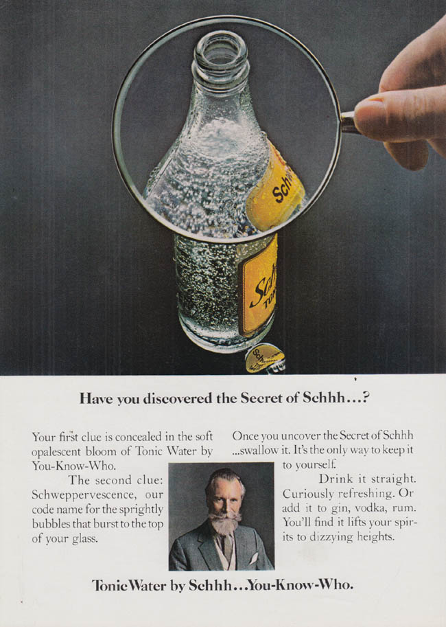 Image for Have you discovered the Secret of Schhh? Schweppes Tonic Water ad 1970 NY